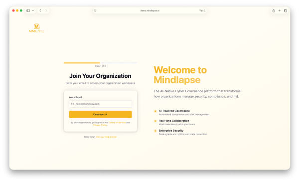 Mindlapse - La visibilité qu’attendent les RSSI. La confiance qu’exigent les conseils d’administration. Mindlapse AI-native Cyber Governance SaaS platform interface